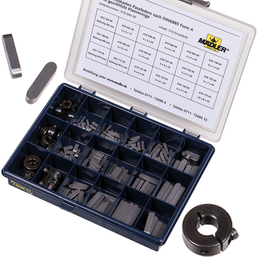Sortimentskasten Passfedern nach DIN 6885-1 Form A und geschlitzte Klemmringe