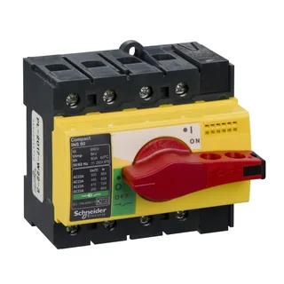 Lasttrennsch. INS80,4P, 80A/690V AC/250V DC,Drehantrieb rot/Grund gelb
