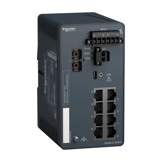 Modicon Managed Switch, 8 Ports für Kupfer (8TX 10/100 Mbit/s) + 1 für Glasfaser Multimode (1FX-MM 100 Mbit/s)