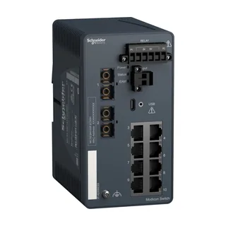 Modicon Managed Switch, 8 Ports Kupfer (8TX 10/100 Mbit/s) + 2 Glasfaser Singlemode (2FX-SM 100 Mbit/s), robuste Ausführung