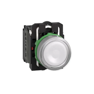 Leuchtdrucktaster, Harmony XB5, Kunststoff, hellgrau, weiß, 22mm, universelle LED, glatte Kalotte, 1S + 1Ö, 230-240V AC