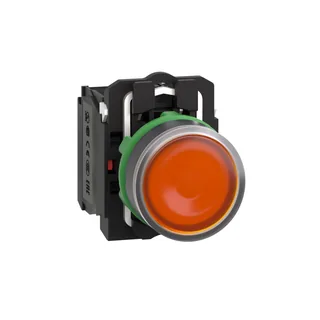 Leuchtdrucktaster, Harmony XB5, Kunststoff, orange, 22mm, universelle LED, glatte Kalotte, 1S + 1Ö, 110-120V AC